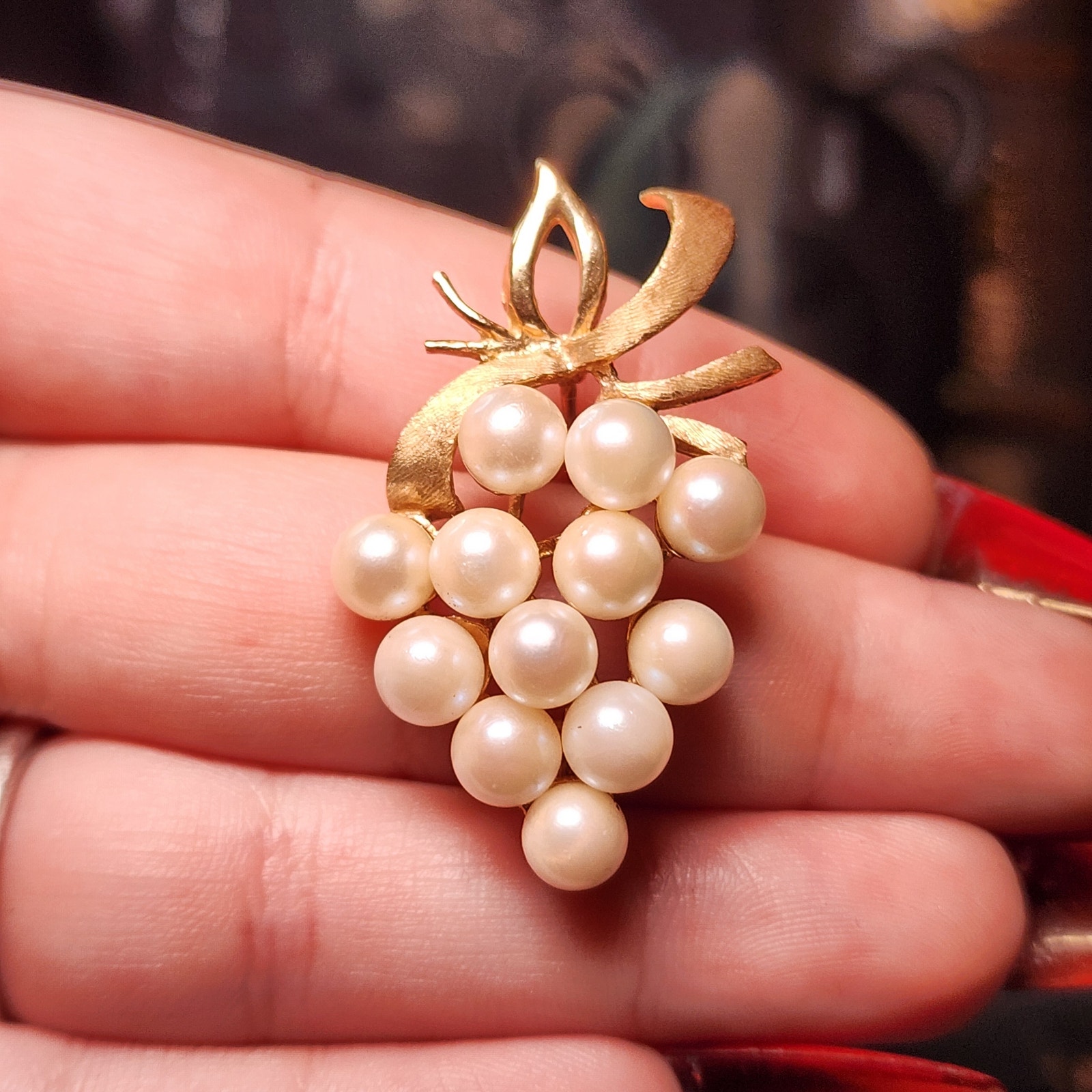 Vintage 14k Gold Cultured Pearl Grape Cluster Brooch Mid Century 1950s 9.71g